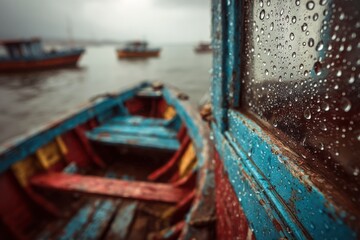Colorful fishing boats moored in rain with raindrops on window at waterfront location