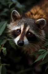 Close-Up Portrait of a Raccoon Partially Concealed by Lush Leaves, Showing Alert Eyes and Fur Details, Evoking the Mystery and Natural Beauty of this Common Yet Elusive Mammal in its Habitat