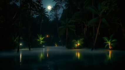 Mystical tropical night forest with glowing lights and calm water refl