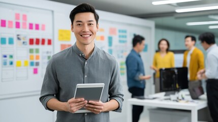 Asian entrepreneur presenting innovative product to investors in modern office environment engaging viewpoint