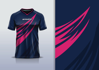 T-shirt mockup abstract curve line flash jersey design for football, soccer, racing, esports, running, in pink navy color