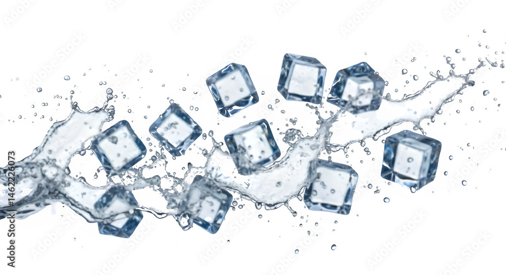 Poster crystal-clear ice cubes splash in a burst of refreshing water.