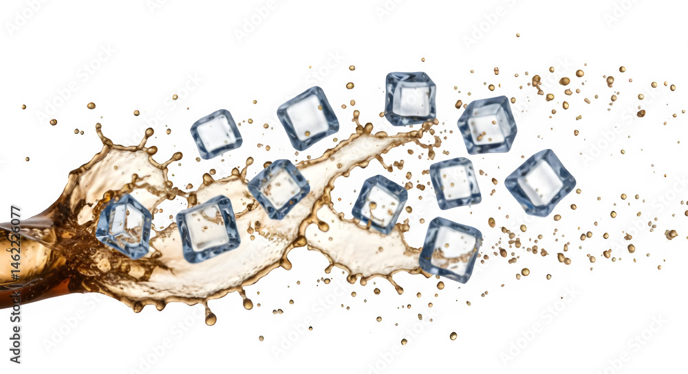Poster ice cubes splashing into a cola drink, creating a dynamic, refreshing image.