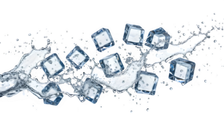 Crystal-clear ice cubes splash in a burst of refreshing water.