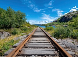 Fototapeta premium Railroad Tracks Landscape Under Blue Sky
