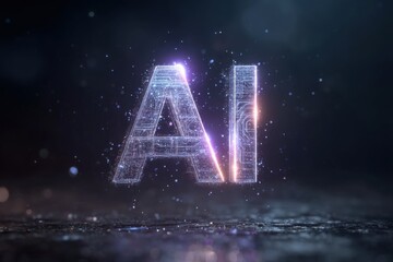 Bright, glowing letters form the abbreviation for artificial intelligence, surrounded by a misty atmosphere filled with small particles. This captivating display evokes a modern, technological feel.