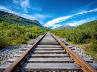 Obraz premium Railway Through Green Valley Under Blue Sky