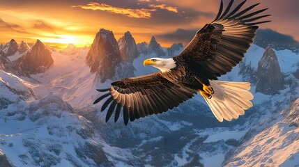 Fototapeta premium Majestic eagle soaring above snow-capped mountains at sunrise.