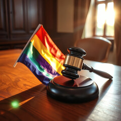 LGBT flag beside a judge's gavel on a wooden desk at sunrise