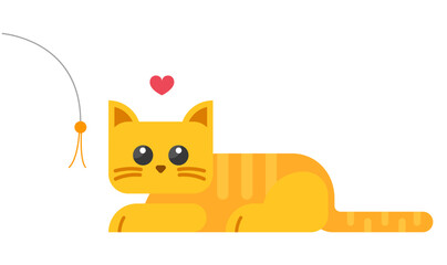 Orange Cute Cat with Pet Toy Cartoon in Geometric Flat Design, Character Vector illustrations Clip Art. Minimal Graphic Style.