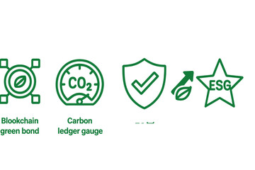 Obraz premium Icons of green finance are represented by symbols such as coin, gauge, shield, arrow, and star