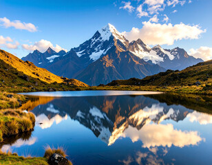A tranquil scene of a high-altitude lake reflecting the surrounding Andean peaks, capturing the serene beauty of Ecuador's natural environment.
