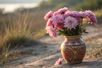 A glass vase holds a beautiful bunch of pink floral blossoms, an elegant flower arrangement on a wooden table