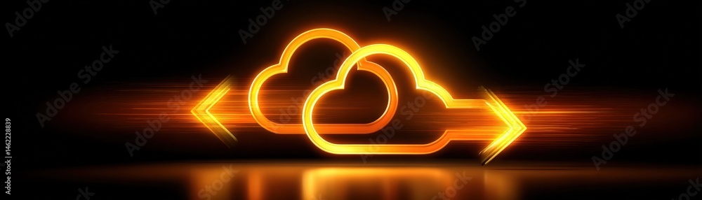 Poster glowing orange cloud icons connected by arrows, symbolizing fast cloud data transfer and synchroniza