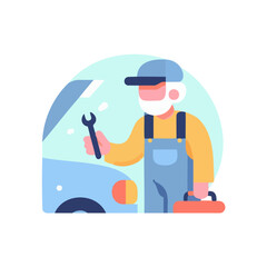 Obraz premium Elderly mechanic holding wrench fixing car against light background 