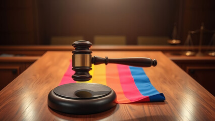 Wooden gavel striking on rainbow flag under courtroom spotlight