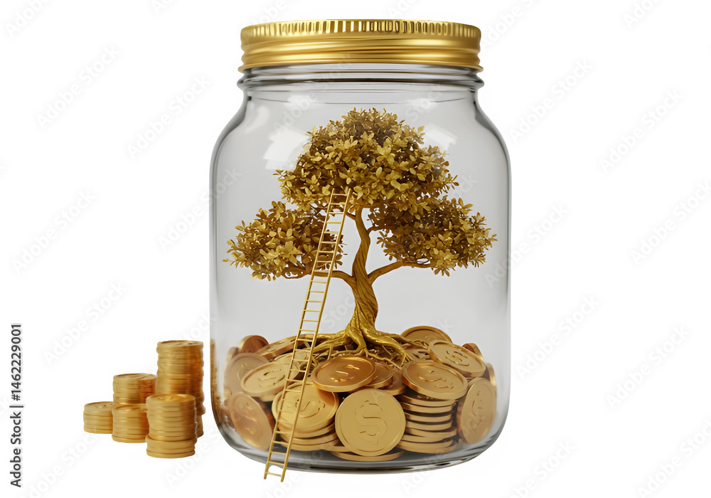 Poster golden tree of prosperity: a 3d rendering of a money tree growing in a jar.