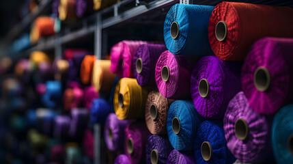 Obraz premium Colorful Thread Rolls In Industrial Storage