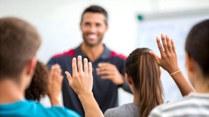 Obraz premium leadership development A group of people engages with a speaker in a professional setting, raising their hands to participate.
