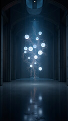 Obraz premium A striking, modern light installation suspended in a hall with a sleek architectural design. It evokes a sense of wonder and futuristic artistry.
