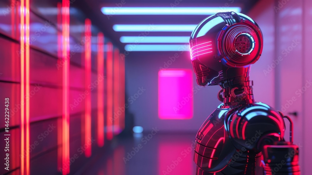 Poster futuristic robot standing in a dimly lit hallway with metallic walls and soft glowing lights enhanci