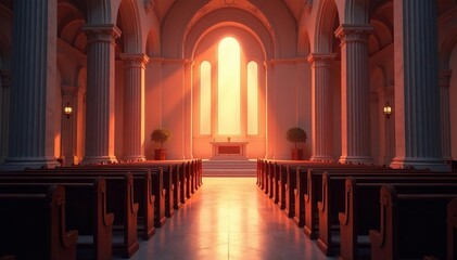 Fototapeta premium Empty pews facing altar, soft light streams in, cathedral, solitude, pray