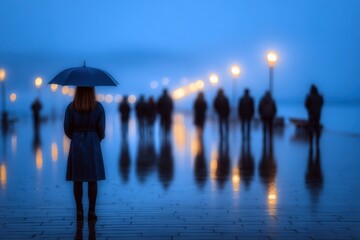 Woman holding umbrella on misty promenade at dusk surrounded by silhouettes of people