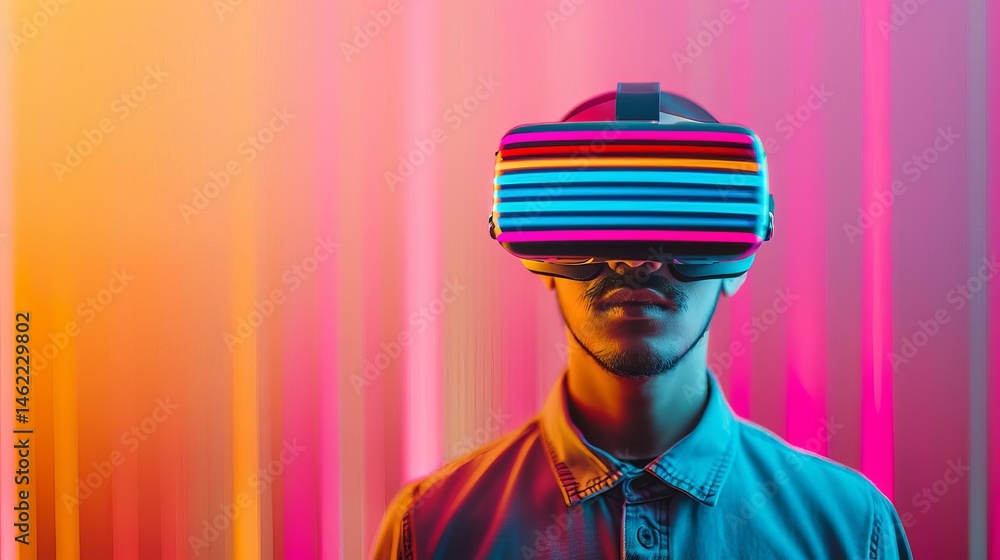 Poster man immersed in virtual reality experience with headset and hand controllers in a dynamic digital en