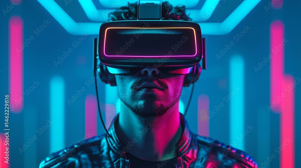 Poster man wearing virtual reality headset engaged in immersive gaming experience in a high-tech digital si