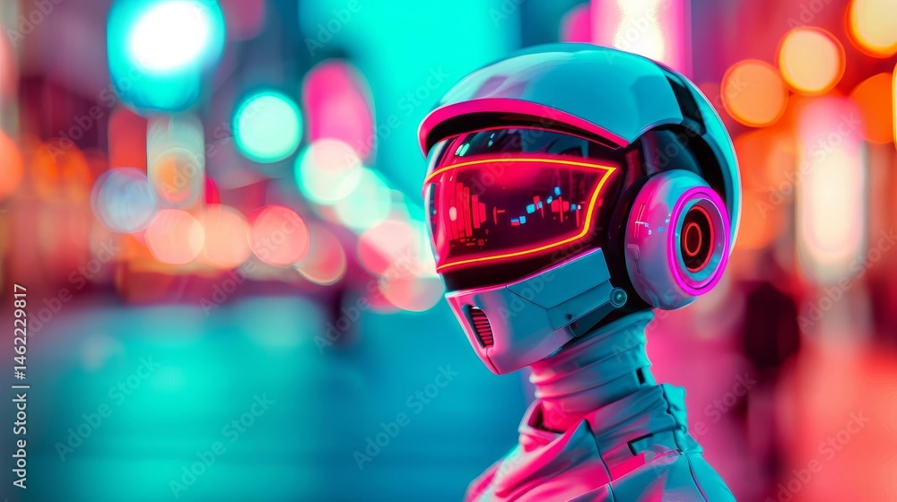 Poster robot with headphones engaged in listening experience with a futuristic design highlighting human-ma