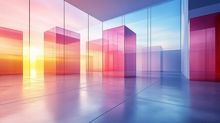 Abstract Glass Structures with Colorful Reflections at Sunset