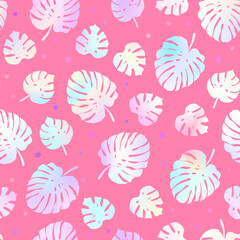Abstract palm leaves seamless pattern. Vector holographic foil gradient tropical leaf print on pink background. Monstera texture for fabric, summer decor, wrapping paper, backdrop, wallpapers.