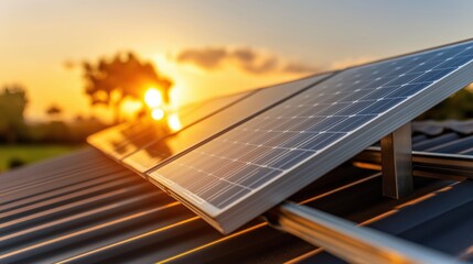Solar panels on rooftop capture clean energy during sunset in a sustainable environment