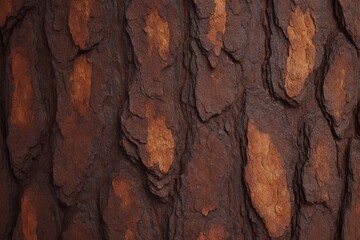 Fototapeta premium The surface of a tree trunk showcases a rich, textured bark featuring deep brown shades and lighter orange patches. The intricate patterns highlight the beauty of natures design.