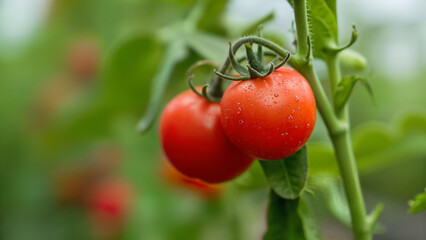 Fresh red tomatoes hang on the vine inside a greenhouse, showcasing organic farming and natural ripening. Copy space for text