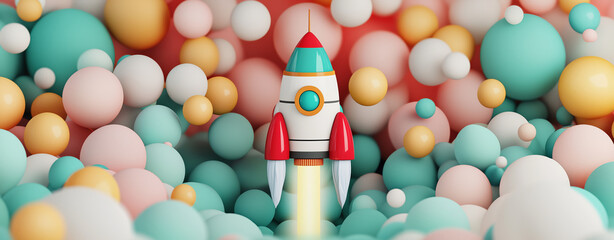 Colorful rocket launches amidst vibrant spheres, creating playful and imaginative scene filled with joy and excitement