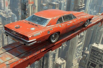 Vintage car on elevated platform cityscape