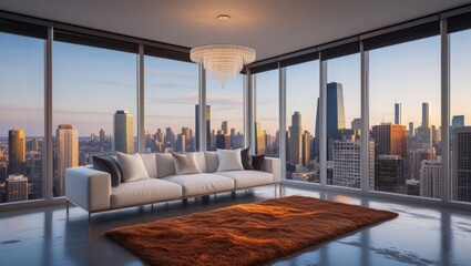 Contemporary loft with clean lines, white sofa, high-end furnishings, and sophisticated city ambiance (