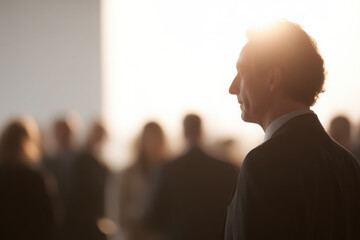 corporate event captured in minimalist style emphasizing persons face