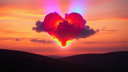 Rainbow heart cloud glowing at sunset. LGBT love sky background