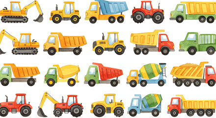 Watercolor construction vehicles pattern background, excavator, tractor, truck seamless pattern design