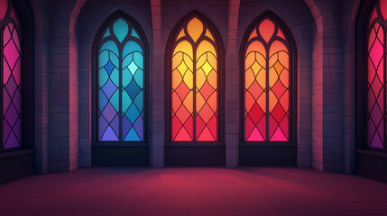 Stunning stained glass windows illuminate serene interior space with vibrant colors, creating magical atmosphere