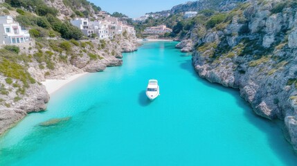 Obraz premium Picturesque Mediterranean bay with turquoise water and a small boat. Whitewashed houses nestled in the cliffs