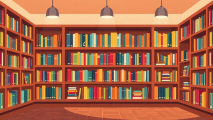 Bookshelf with colorful books under warm lighting in a quiet library