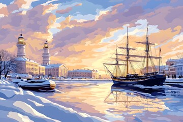 A serene winter sunset scene with a tall ship and lighthouses
