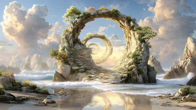 spiral dimension gate Fantasy spiral gateway by the sea, surreal stone stairs to fantasy spiral portal, magical journey begins at fantasy spiral world magical sea threshold