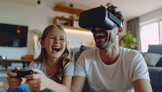 VR Fun: Father and daughter laughing joyfully while playing a VR game together at home.  