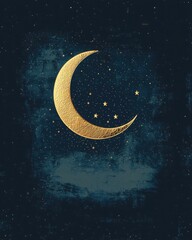 Naklejka premium Elegant golden crescent moon and stars on textured dark night sky, celestial art illustration