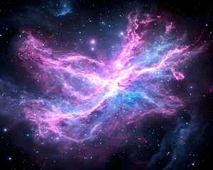 Fototapeta premium A vibrant nebula glows in shades of pink and blue, its swirling gases illuminated against a backdrop of distant stars