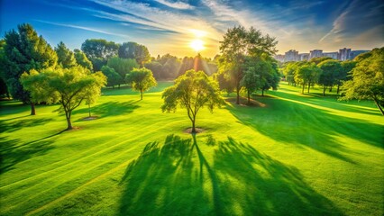 Naklejka premium Lush Green Park Lawn Aerial View - Perfect Summer Day